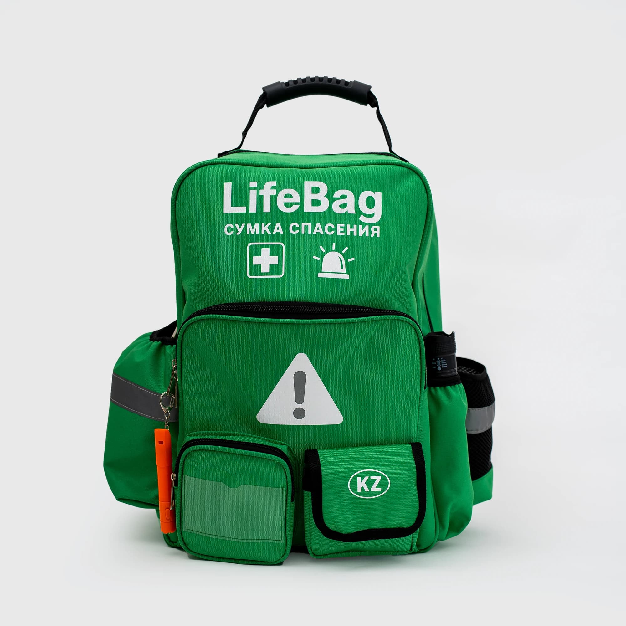 Тревожный рюкзак LifeBag «Сумка спасения» спереди: карманы, фонарь и сигнальный свисток